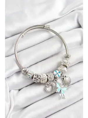 316L Çelik Mavi Zirkon Taşlı Kalp Kelebek Ve İstiridye Model Gümüş Renk Charm Bileklik