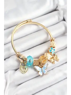 316L Çelik Mavi Zirkon Taşlı Kelebek Fiyonk Ve Kilit Model Gold Renk Charm Bileklik