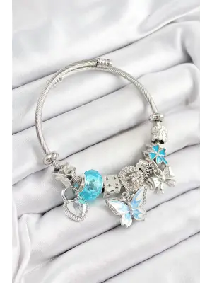 316L Çelik Mavi Zirkon Taşlı Kelebek Fiyonk Ve Kilit Model Gümüş Renk Charm Bileklik