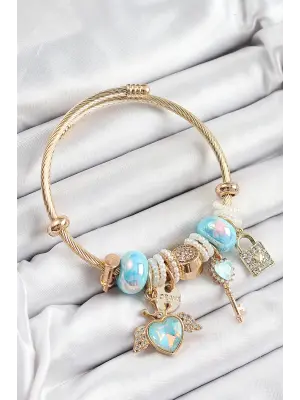 316L Çelik Mavi Zirkon Taşlı Kilit Anahtar Ve Kalp Model Gold Renk Charm BileklikCharm Bileklik