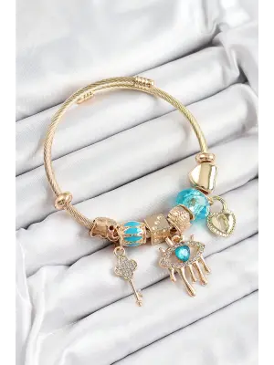 316L Çelik Mavi Zirkon Taşlı Kilit Göz Ve Anahtar Model Gold Renk Charm Bileklik