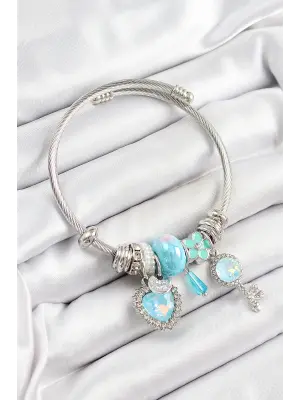 316L Çelik Mavi Zirkon Taşlı Yıldız Anahtar Ve Kalp Model Gümüş Renk Charm Bileklik