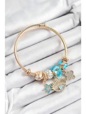 316L Çelik Mavi Zirkon Taşlı Yıldız Göz Ve Yonca Model Gold Renk Charm Bileklik