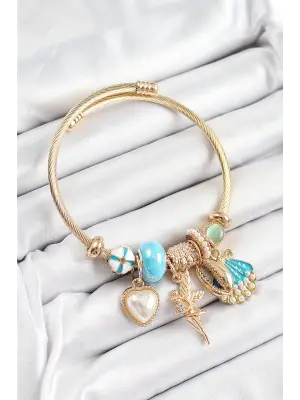 316L Çelik Mavi Zirkon Taşlı Yıldız Melek İstiridye Ve Kalp Model Gold Renk Charm Bileklik