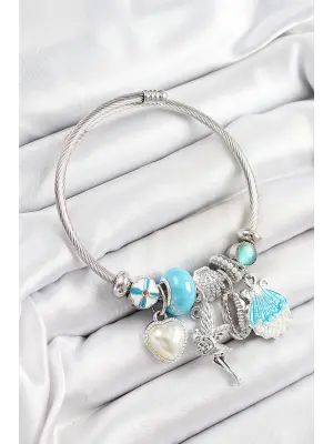 316L Çelik Mavi Zirkon Taşlı Yıldız Melek İstiridye Ve Kalp Model Gümüş Renk Charm Bileklik