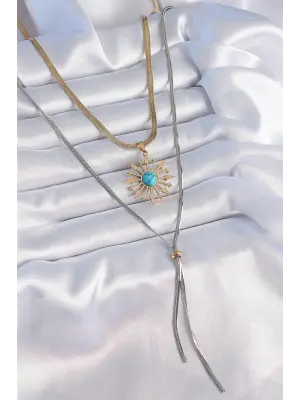  Mix  2li İtalyan Zincir Güneş Figür Uzun  Çelik Kolye