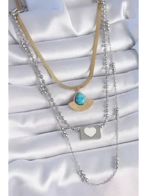  Mix  3lü Zincir Damla Madalyon Figür Uzun  Çelik Kolye