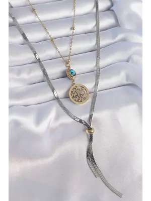  Mix  Filiz Figür Nazar Boncuk Detay Uzun  Çelik Kolye