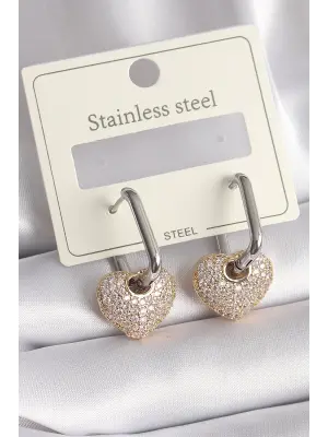   Mix Renk Altın Altın Zirkon Taşlı Kalp Model Çelik Küpe