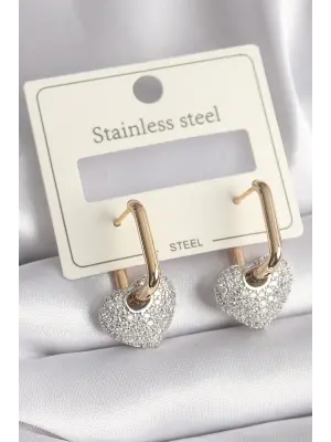   Mix Renk Gümüş Zirkon Taşlı Kalp Model Çelik Küpe