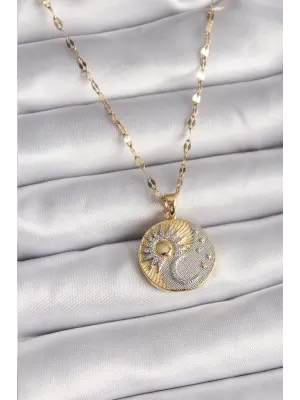  Mix  Zincir Zirkon Taşlı Gün Doğumu/Batımı Madalyon Model  Çelik Kolye