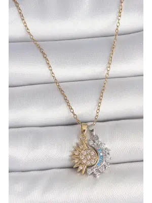 316L Çelik Mix Renk Zirkon Taşlı Ay Güneş Model Kadın Kolye