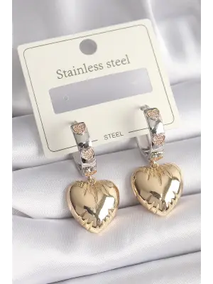   Mix Renk Zirkon Taşlı Kalp İşleme Detay Çelik Küpe