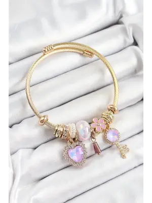 316L Çelik Mor Zirkon Taşlı Anahtar Ve Kalp Model Gold Renk Charm Bileklik