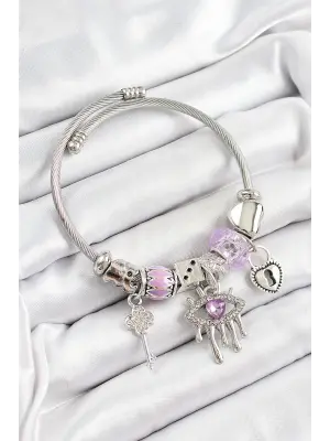 316L Çelik Mor Zirkon Taşlı Göz Kilit Ve Anahtar Model Gümüş Renk Charm Bileklik