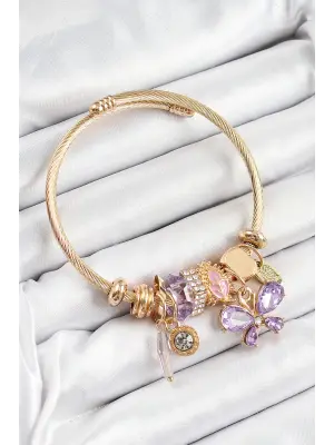 316L Çelik Mor Zirkon Taşlı Kelebek Model Gold Renk Charm Bileklik