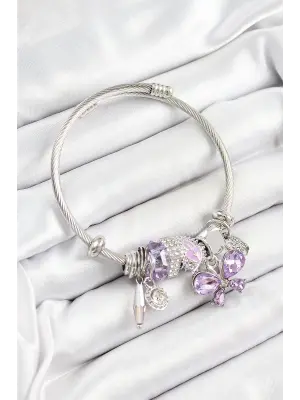 316L Çelik Mor Zirkon Taşlı Kelebek Model Gümüş Renk Charm Bileklik