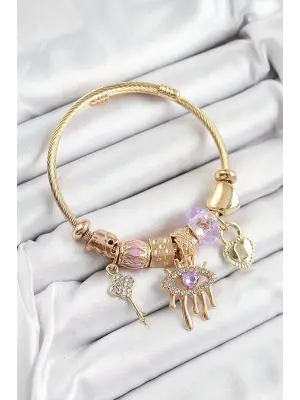 316L Çelik Mor Zirkon Taşlı Kilit Göz Ve Anahtar Model Gold Renk Charm Bileklik