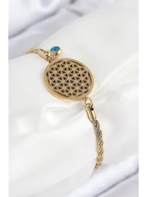 316L Çelik Nazar Boncuğu Detaylı Yaşam Çiçeği Model Gold Renk Kadın Bileklik