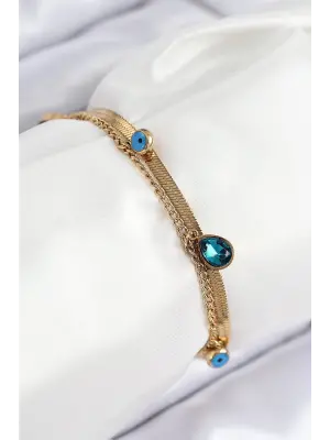 316L Çelik Nazar Boncuk Detaylı Mavi Zirkon Taşlı Model İtalyan Zincir Gold Renk Kadın Bileklik