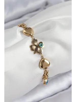 316L Çelik Nazar Boncuk Detaylı Yonca Model Gold Renk Kadın Bileklik