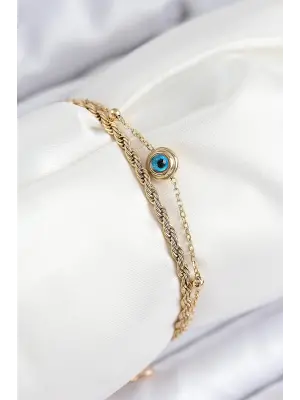 316L Çelik Nazar Boncuk Model Burgu Zincir Gold Renk Kadın Bileklik