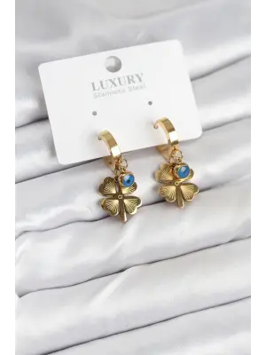 316L Çelik Nazarlı Yonca Model Kadın Küpe