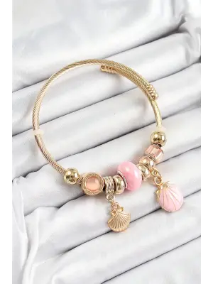 316L Çelik Pembe İstiridye Model Gold Renk Charm Bileklik