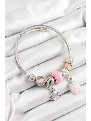 316L Çelik Pembe İstiridye Model Gümüş Renk Charm Bileklik