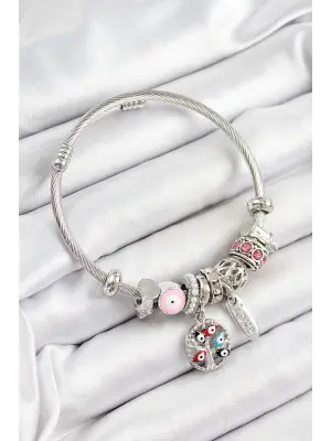 316L Çelik Pembe Nazarlı Zirkon Taşlı İnci Detaylı Hayat Ağacı Model Gümüş Renk Charm Bileklik