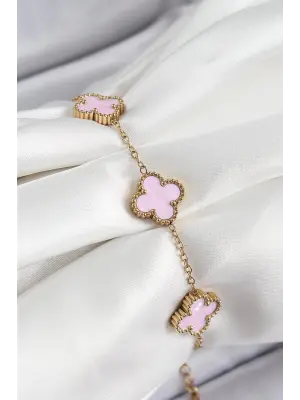 316L Çelik Pembe Sedef Yonca Model Gold Renk Kadın Bileklik