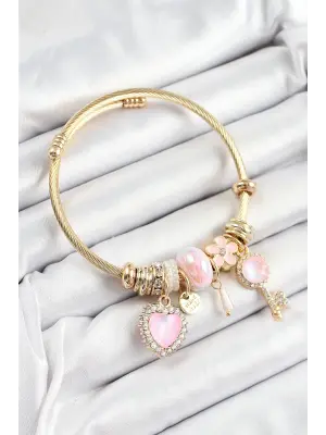 316L Çelik Pembe Zirkon Taşlı Anahtar Ve Kalp Model Gold Renk Charm Bileklik
