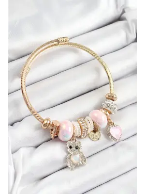316L Çelik Pembe Zirkon Taşlı Ayıcık Ve Kalp Model Gold Renk Charm Bileklik