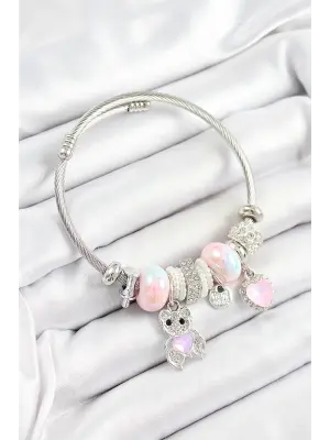 316L Çelik Pembe Zirkon Taşlı Ayıcık Ve Kalp Model Gümüş Renk Charm Bileklik