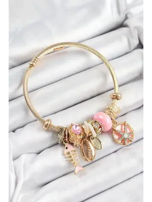 316L Çelik Pembe Zirkon Taşlı Balık Deniz Kabuğu Ve Deniz Yıldızı Model Gold Renk Charm Bileklik