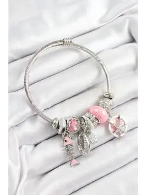 316L Çelik Pembe Zirkon Taşlı Balık Deniz Kabuğu Ve Deniz Yıldızı Model Gümüş Renk Charm Bileklik