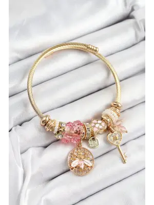 316L Çelik Pembe Zirkon Taşlı Baykuş Arı Ve Anahtar Model Gold Renk Charm Bileklik