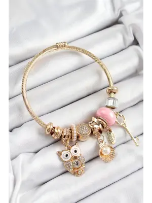 316L Çelik Pembe Zirkon Taşlı Baykuş İstiridye Ve Anahtar Model Gold Renk Charm Bileklik
