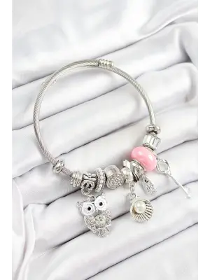 316L Çelik Pembe Zirkon Taşlı Baykuş İstiridye Ve Anahtar Model Gümüş Renk Charm Bileklik