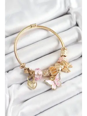 316L Çelik Pembe Zirkon Taşlı Kelebek Fiyonk Ve Kilit Model Gold Renk Charm Bileklik