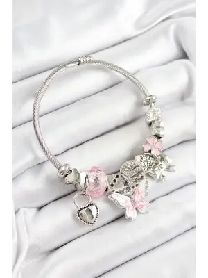 316L Çelik Pembe  Zirkon Taşlı Kelebek Fiyonk Ve Kilit Model Gümüş Renk Charm Bileklik