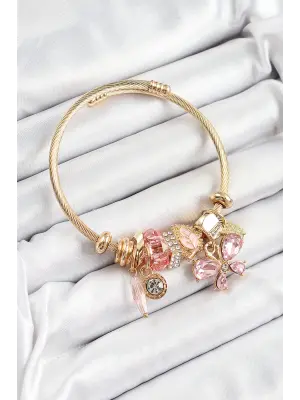 316L Çelik Pembe Zirkon Taşlı Kelebek Model Gold Renk Charm Bileklik