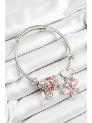 316L Çelik Pembe Zirkon Taşlı Kelebek Model Gümüş Renk Charm Bileklik