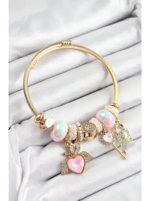 316L Çelik Pembe Zirkon Taşlı Kilit Anahtar Ve Kalp Model Gold Renk Charm BileklikCharm Bileklik