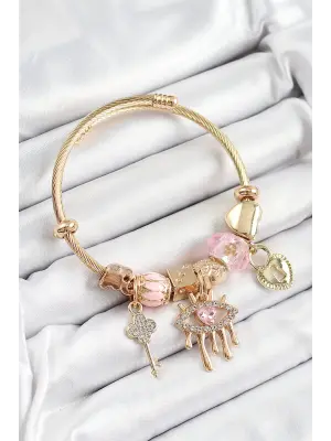 316L Çelik Pembe Zirkon Taşlı Kilit Göz Ve Anahtar Model Gold Renk Charm Bileklik
