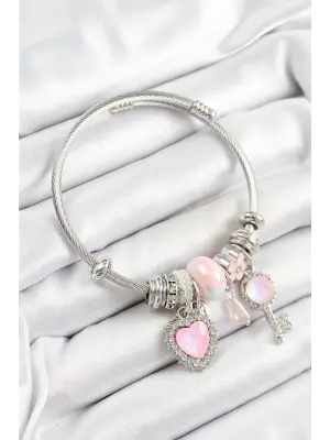316L Çelik Pembe Zirkon Taşlı Yıldız Anahtar Ve Kalp Model Gümüş Renk Charm Bileklik