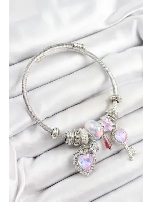 316L Çelik Pembe Zirkon Taşlı Yıldız Anahtar Ve Kalp Model Gümüş Renk Charm Bileklik
