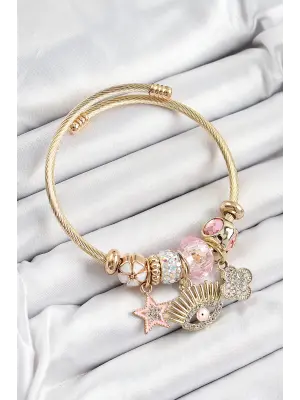 316L Çelik Pembe Zirkon Taşlı Yıldız Göz Ve Yonca Model Gold Renk Charm Bileklik