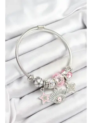 316L Çelik Pembe Zirkon Taşlı Yıldız Göz Ve Yonca Model Gümüş Renk Charm Bileklik