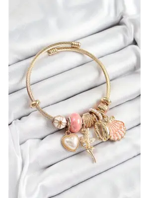 316L Çelik Pembe Zirkon Taşlı Yıldız Melek İstiridye Ve Kalp Model Gold Renk Charm Bileklik